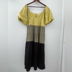 Stylish Colorblock Midi Dress in Yellow, Olive, and Black
